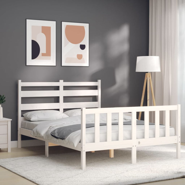 Bedframe met hoofdbord massief hout wit 140x190 cm