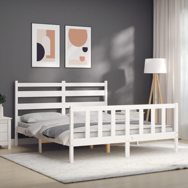 Bedframe met hoofdbord massief hout wit 160x200 cm