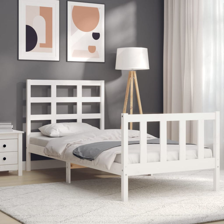 Bedframe met hoofdbord massief hout wit 90x190 cm