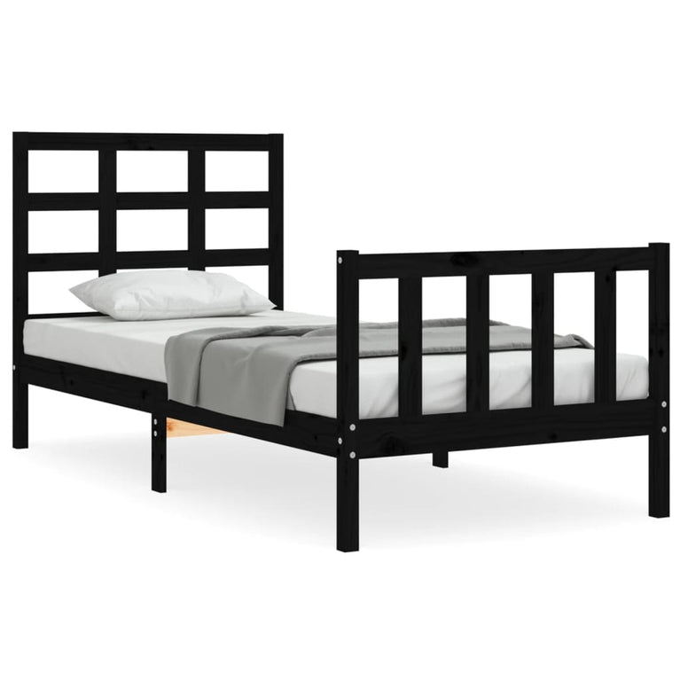Bedframe met hoofdeinde massief hout zwart 90x190 cm