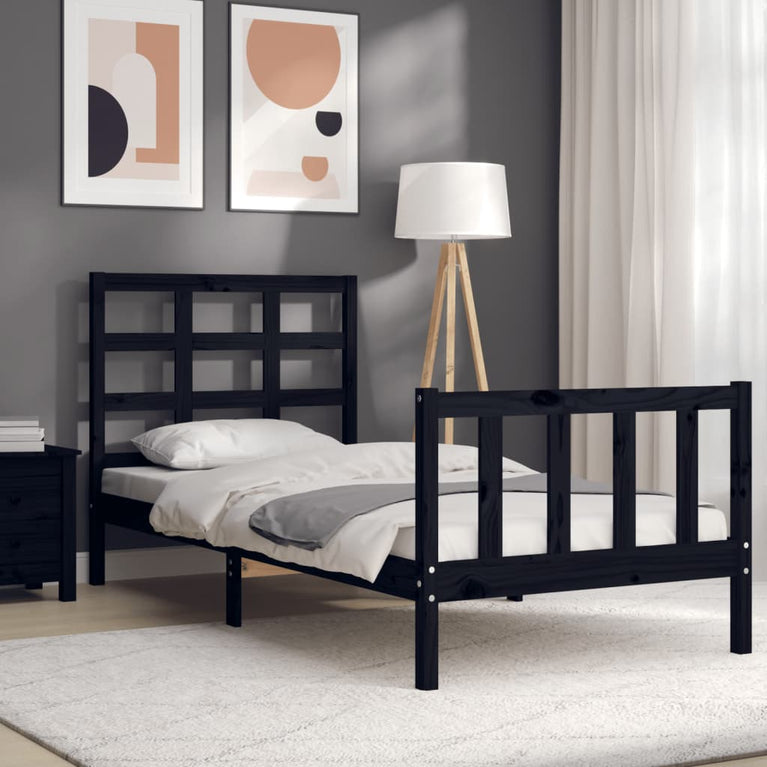 Bedframe met hoofdeinde massief hout zwart 90x190 cm