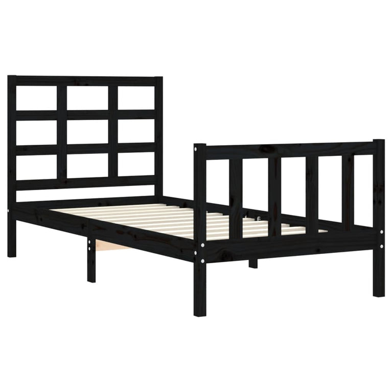 Bedframe met hoofdeinde massief hout zwart 90x190 cm
