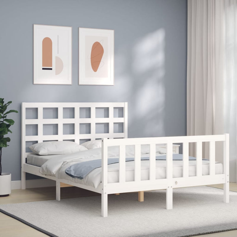 Bedframe met hoofdbord massief hout wit 140x190 cm