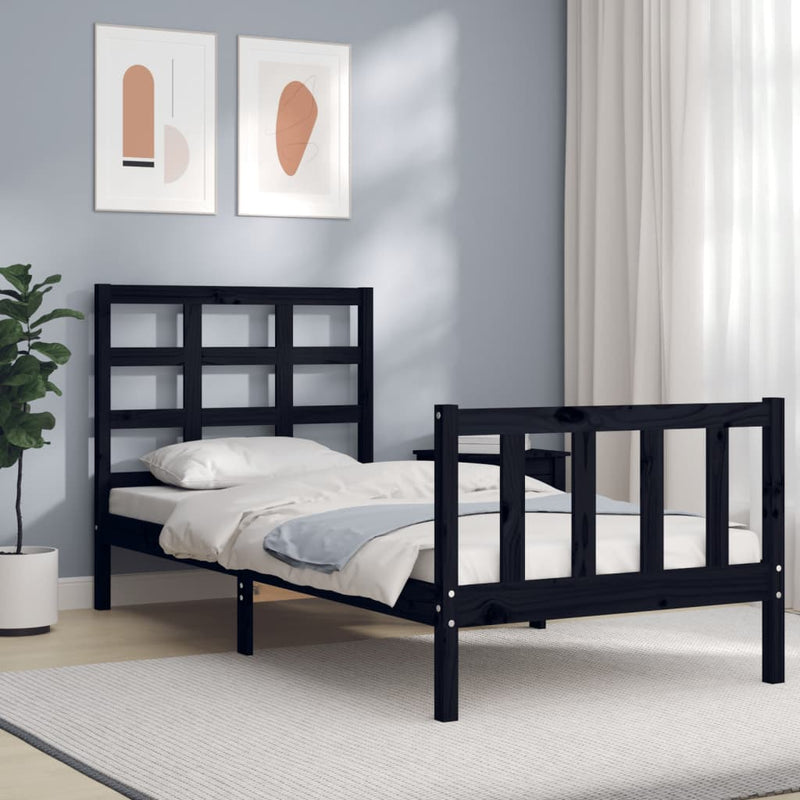 Bedframe met hoofdbord massief hout zwart 100x200 cm