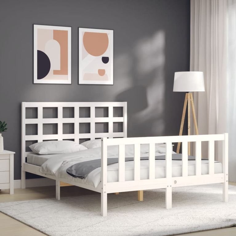 Bedframe met hoofdbord massief hout wit 140x200 cm
