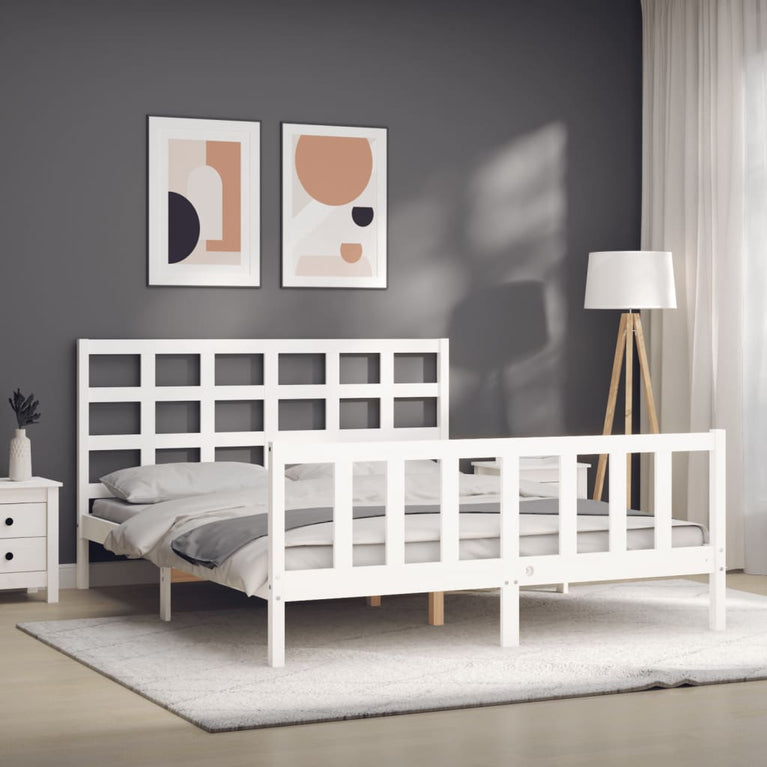 Bedframe met hoofdbord massief hout wit 160x200 cm