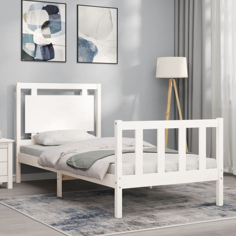 Bedframe met hoofdbord massief hout wit 90x200 cm