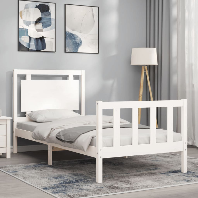 Bedframe met hoofdbord massief hout wit 100x200 cm