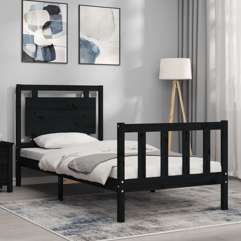 Bedframe met hoofdbord massief hout zwart 100x200 cm