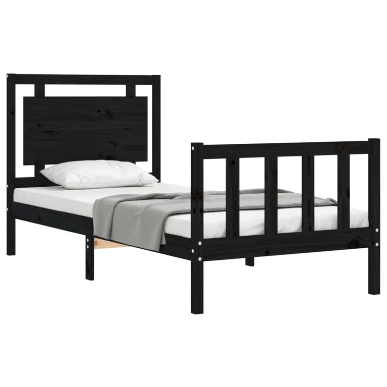 Bedframe met hoofdbord massief hout zwart 100x200 cm