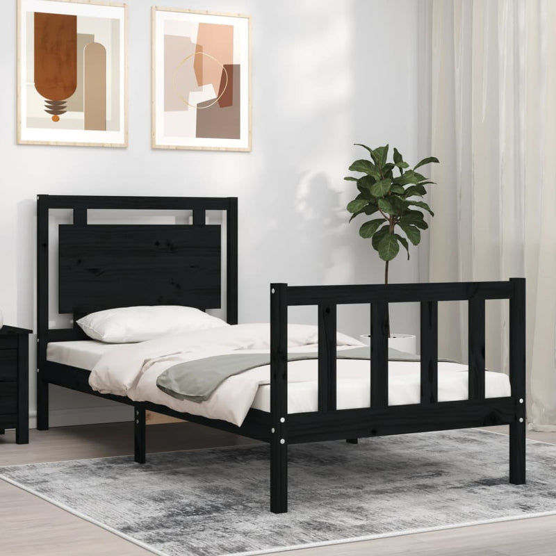 Bedframe met hoofdbord massief hout zwart 100x200 cm