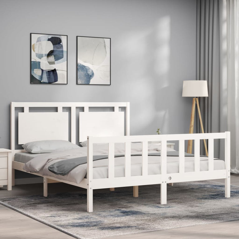 Bedframe met hoofdbord massief hout wit 5 FT King Size