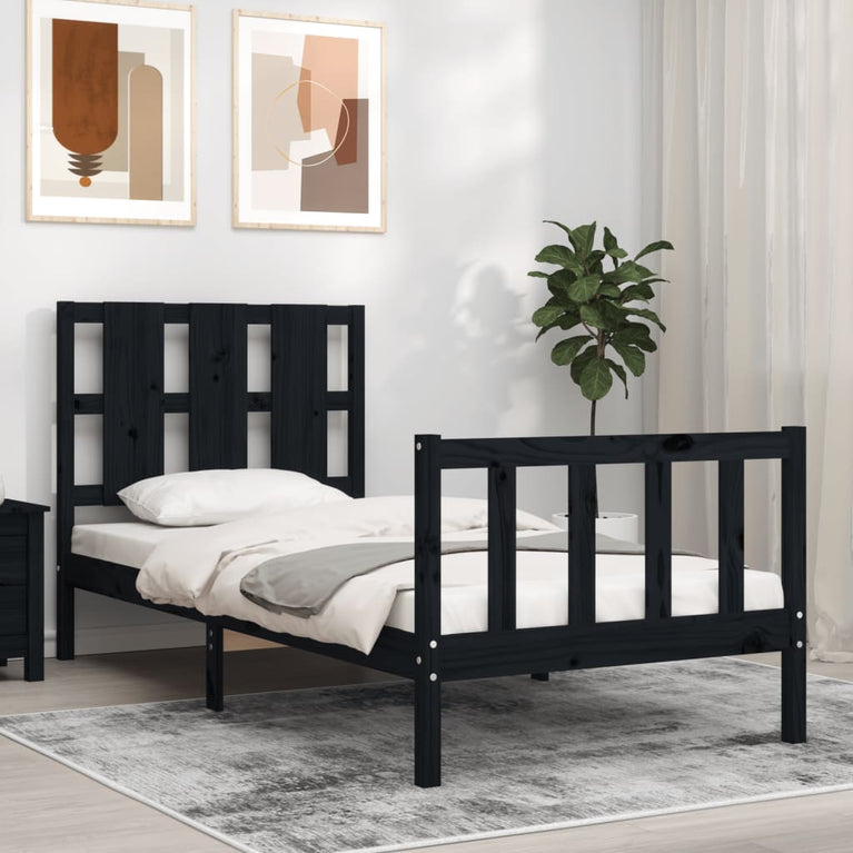 Bedframe met hoofdbord massief hout zwart 2FT6 Small Single