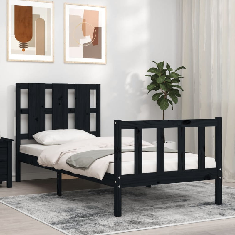 Bedframe met hoofdeinde massief hout zwart 90x190 cm