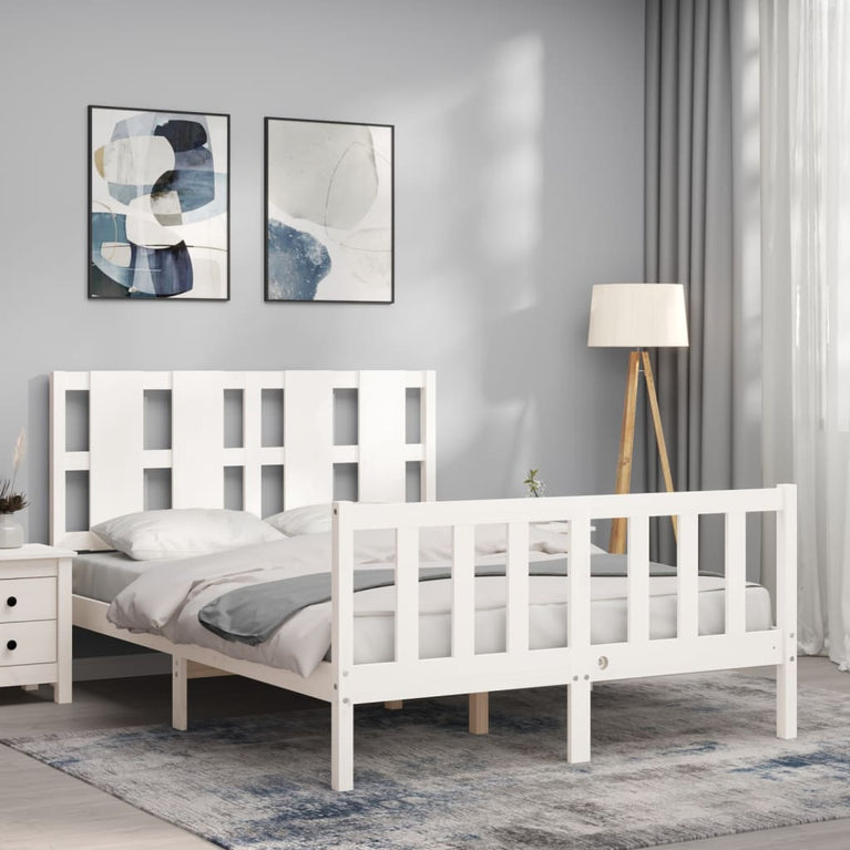 Bedframe met hoofdbord massief hout wit 140x190 cm