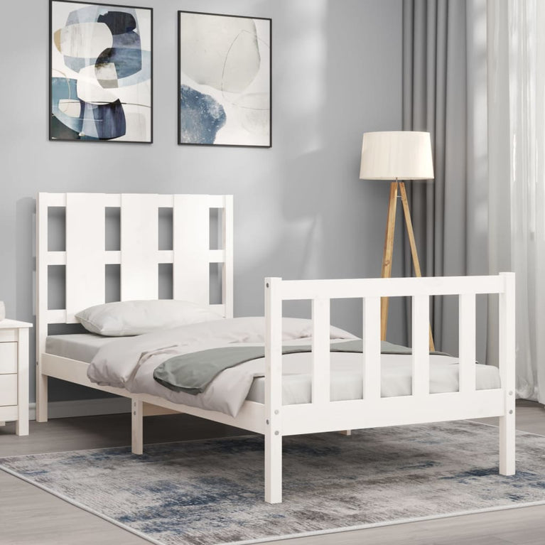 Bedframe met hoofdbord massief hout wit 90x200 cm