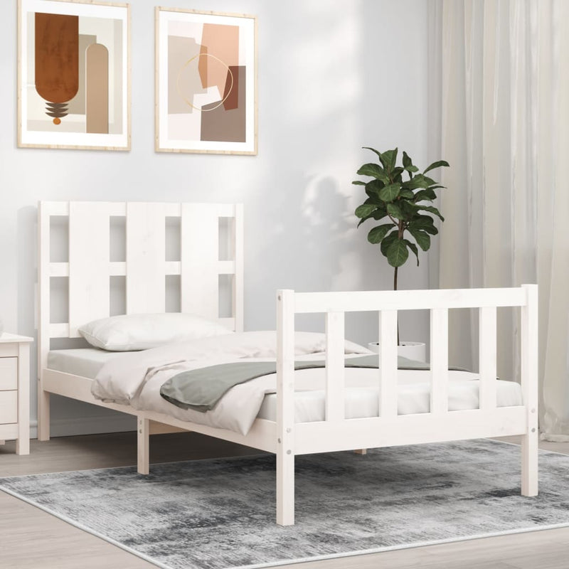 Bedframe met hoofdbord massief hout wit 90x200 cm