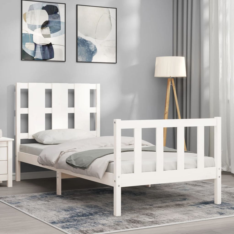 Bedframe met hoofdbord massief hout wit 100x200 cm