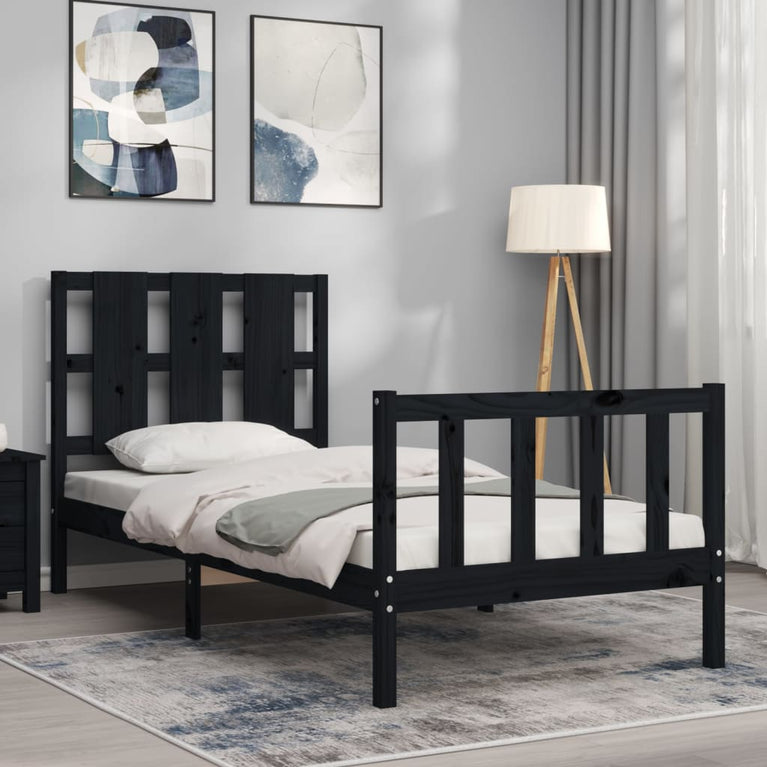 Bedframe met hoofdbord massief hout zwart 100x200 cm
