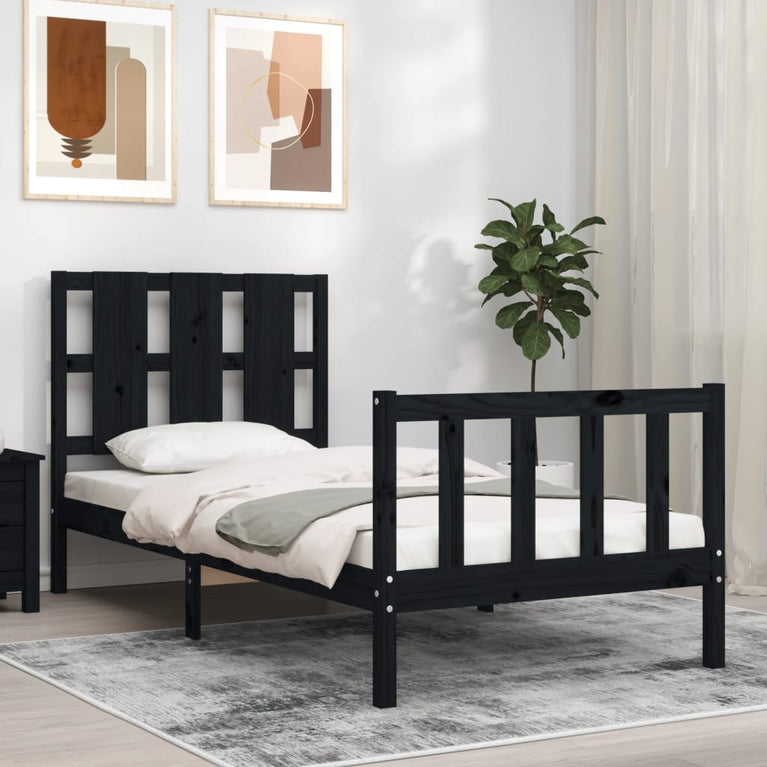 Bedframe met hoofdbord massief hout zwart 100x200 cm