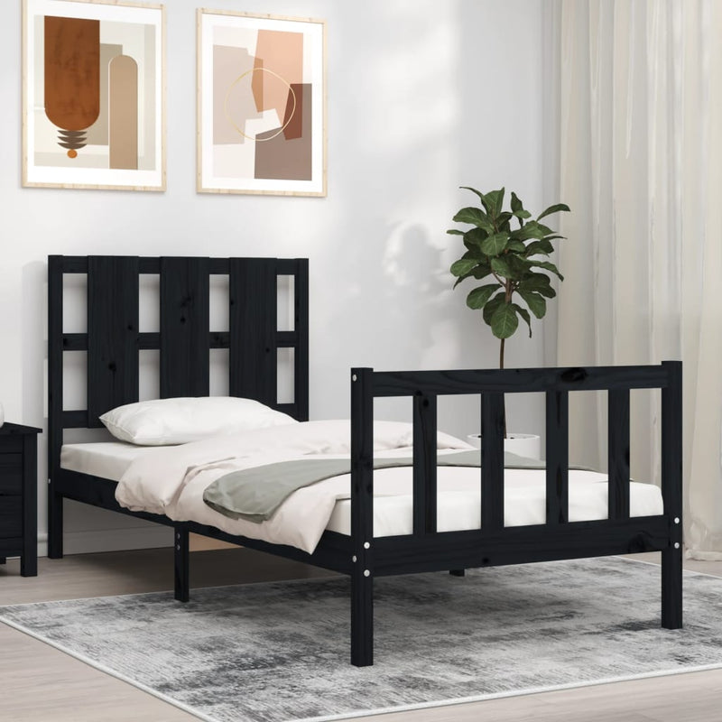 Bedframe met hoofdbord massief hout zwart 100x200 cm