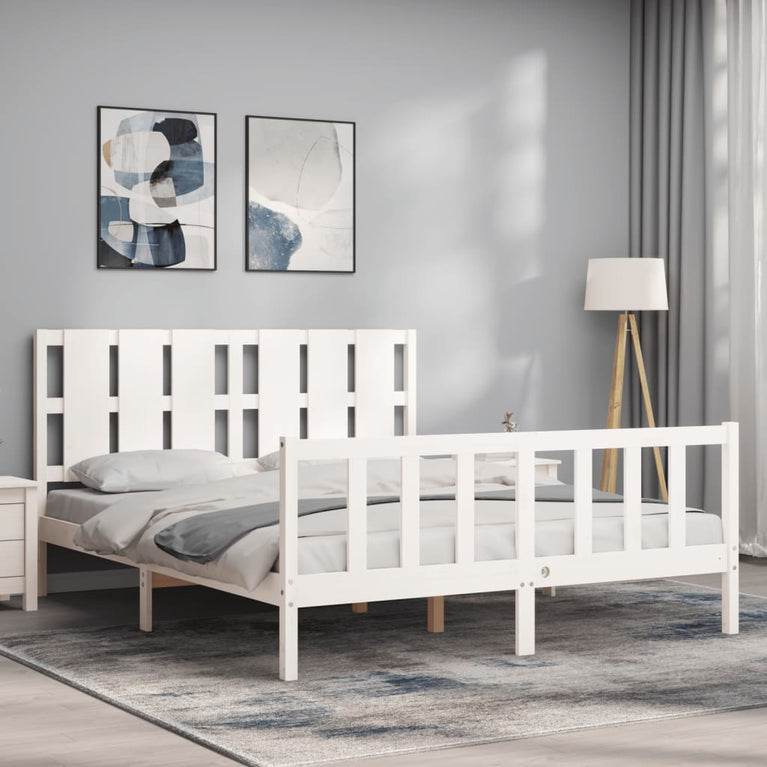 Bedframe met hoofdbord massief hout wit 160x200 cm