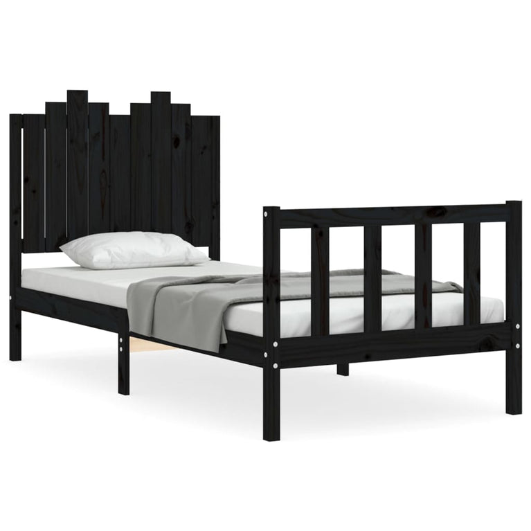 Bedframe met hoofdeinde massief hout zwart 90x190 cm