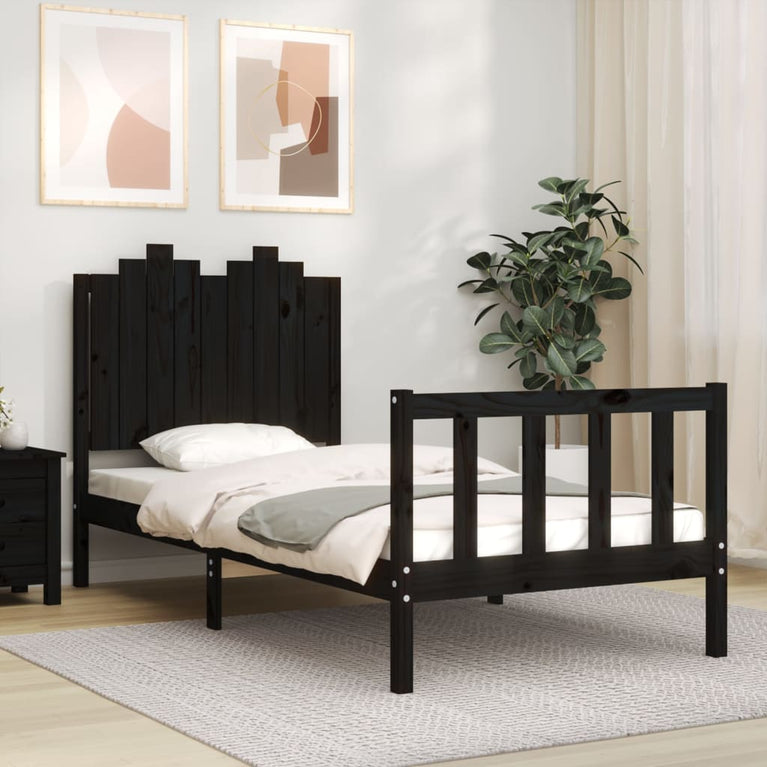 Bedframe met hoofdeinde massief hout zwart 90x190 cm