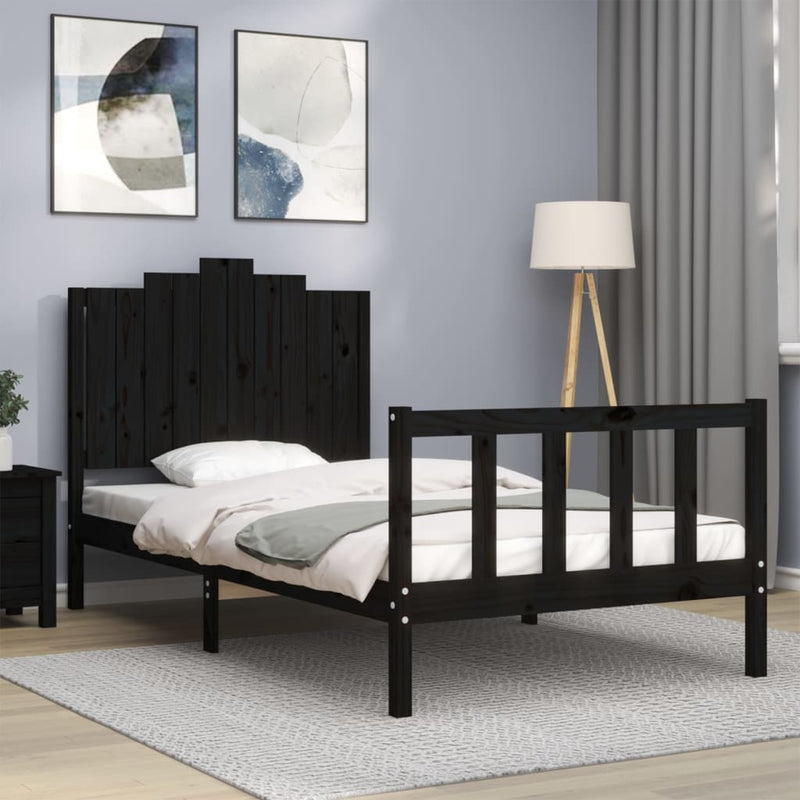 Bedframe met hoofdbord massief hout zwart 100x200 cm