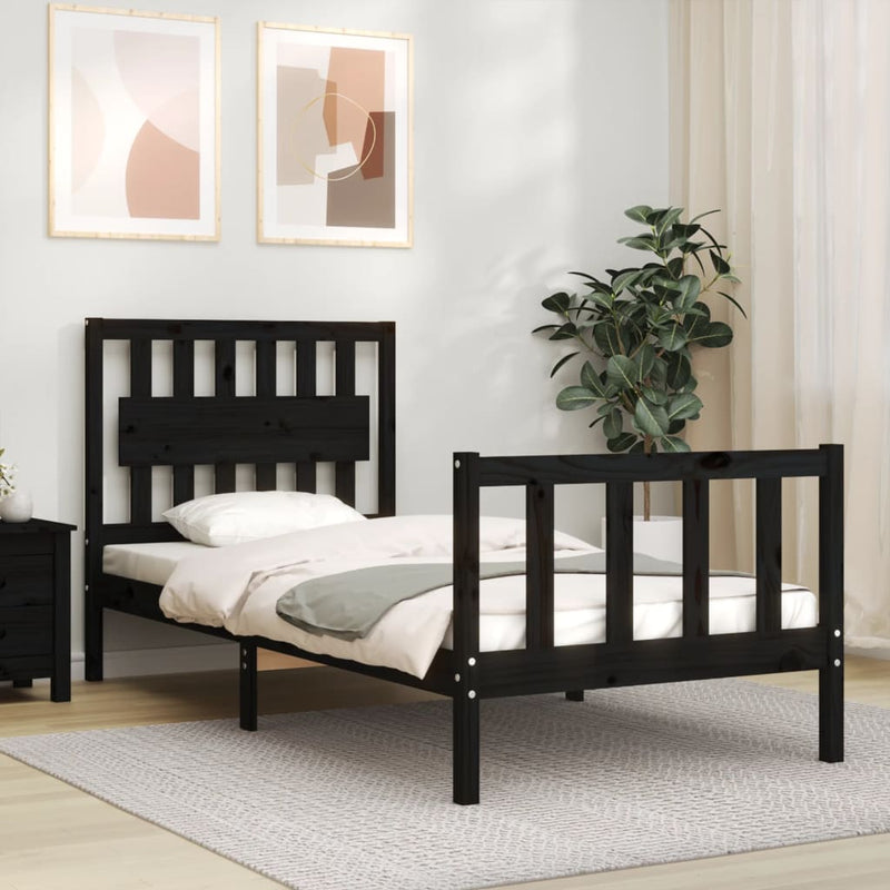 Bedframe met hoofdbord massief hout zwart 3FT Single