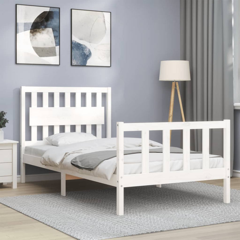 Bedframe met hoofdbord massief hout wit 100x200 cm
