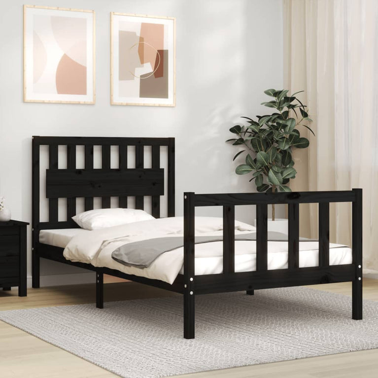 Bedframe met hoofdbord massief hout zwart 100x200 cm