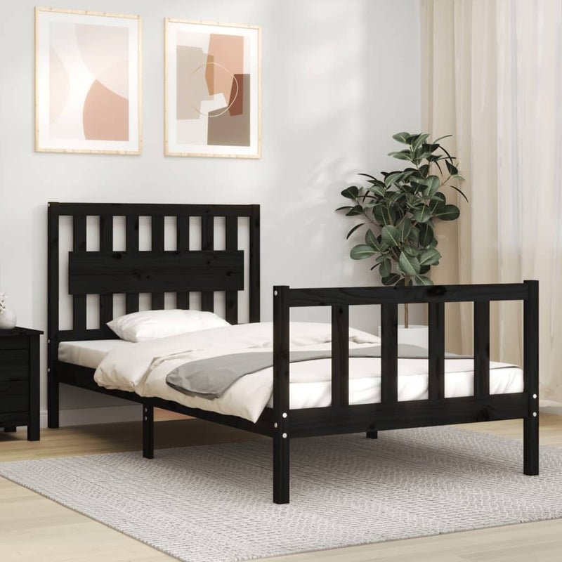 Bedframe met hoofdbord massief hout zwart 100x200 cm