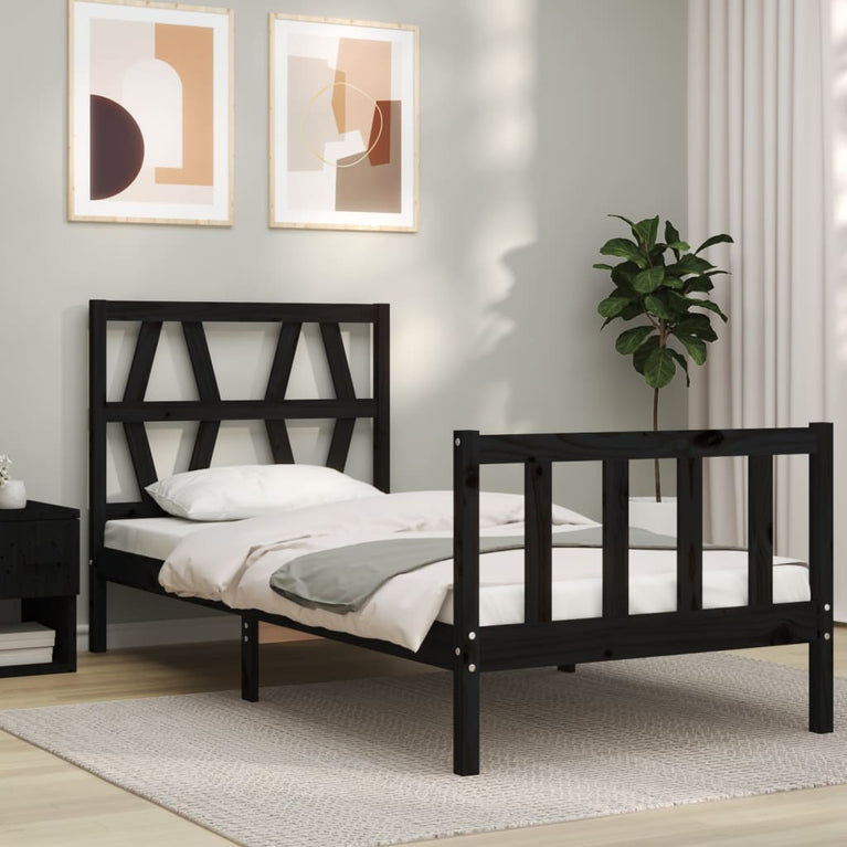 Bedframe met hoofdbord massief hout zwart 3FT Single