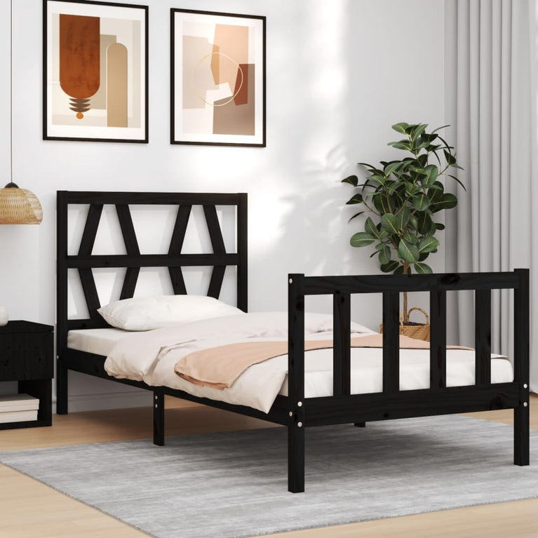 Bedframe met hoofdbord massief hout zwart 3FT Single