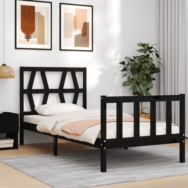 Bedframe met hoofdbord massief hout zwart 3FT Single
