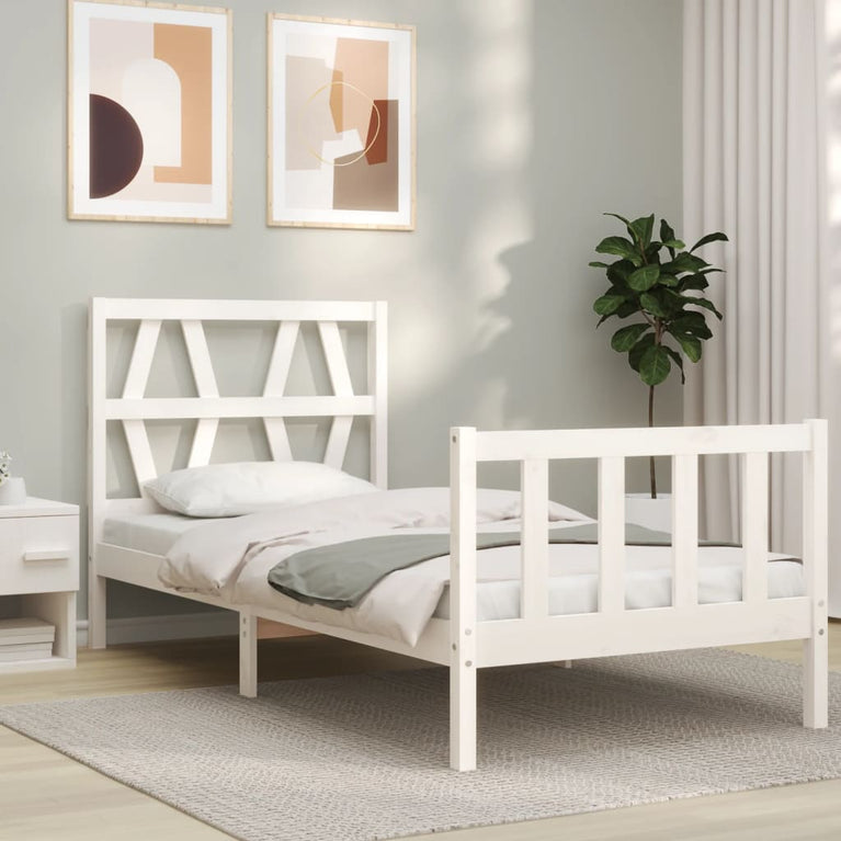 Bedframe met hoofdbord massief hout wit 90x200 cm