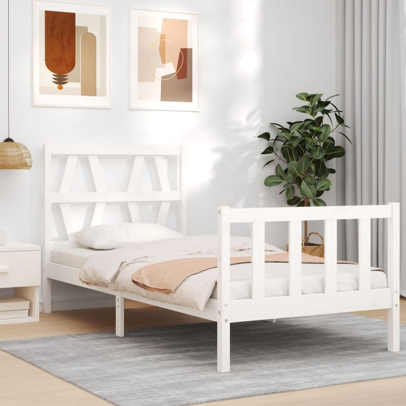 Bedframe met hoofdbord massief hout wit 90x200 cm