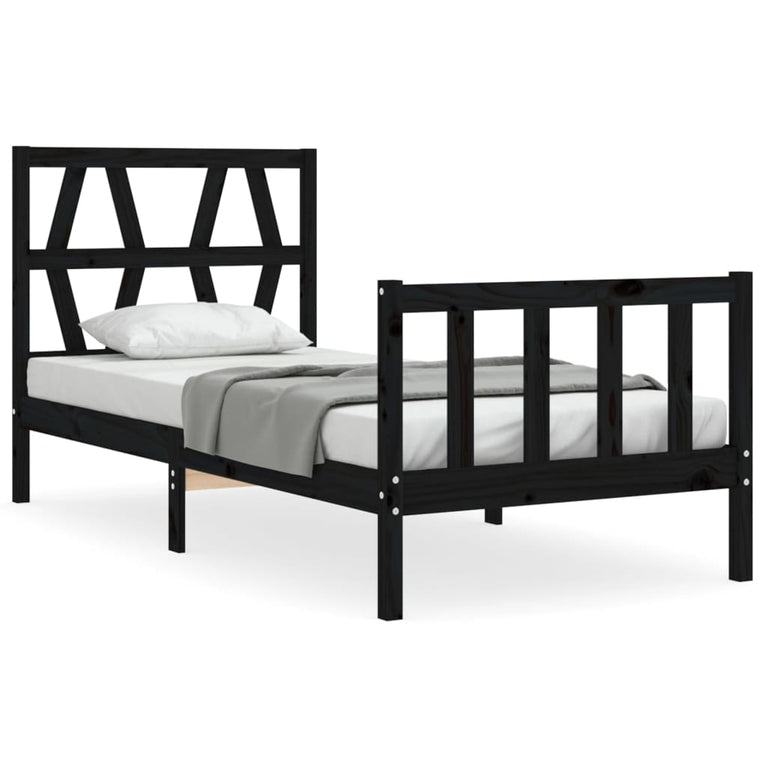 Bedframe met hoofdbord massief hout zwart 100x200 cm