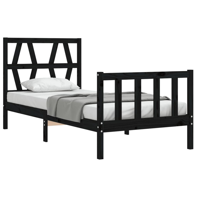 Bedframe met hoofdbord massief hout zwart 100x200 cm