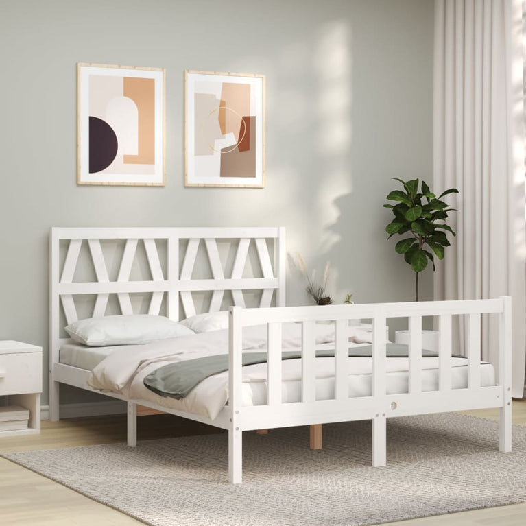 Bedframe met hoofdbord massief hout wit 120x200 cm