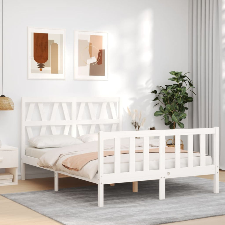 Bedframe met hoofdbord massief hout wit 120x200 cm