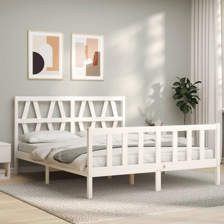 Bedframe met hoofdbord massief hout wit 160x200 cm