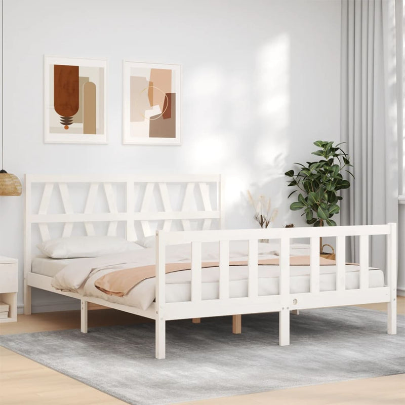 Bedframe met hoofdbord massief hout wit 160x200 cm