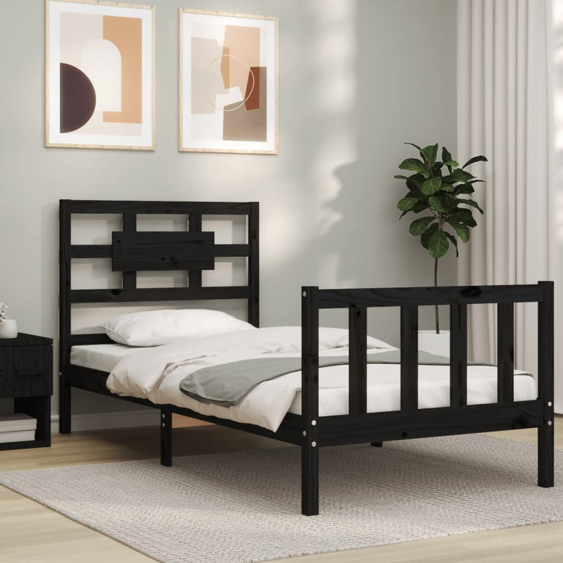 Bedframe met hoofdbord massief hout zwart 3FT Single