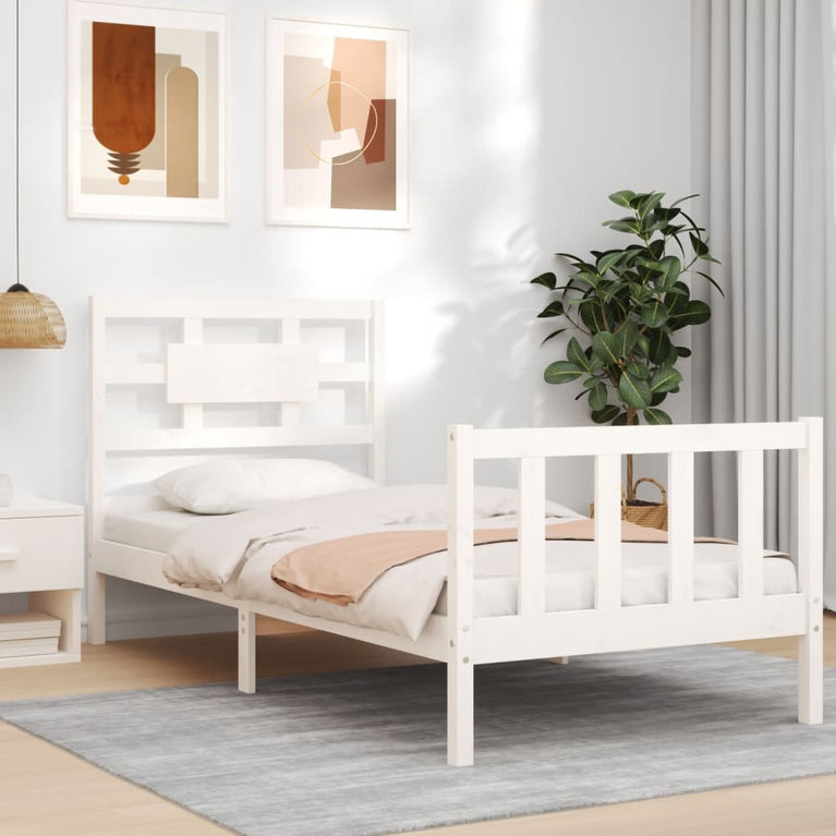 Bedframe met hoofdbord massief hout wit 90x200 cm