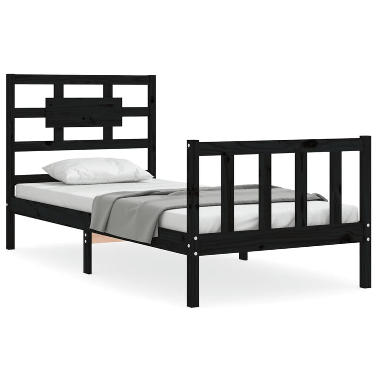Bedframe met hoofdbord massief hout zwart 100x200 cm