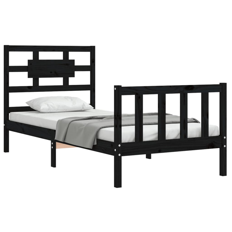 Bedframe met hoofdbord massief hout zwart 100x200 cm