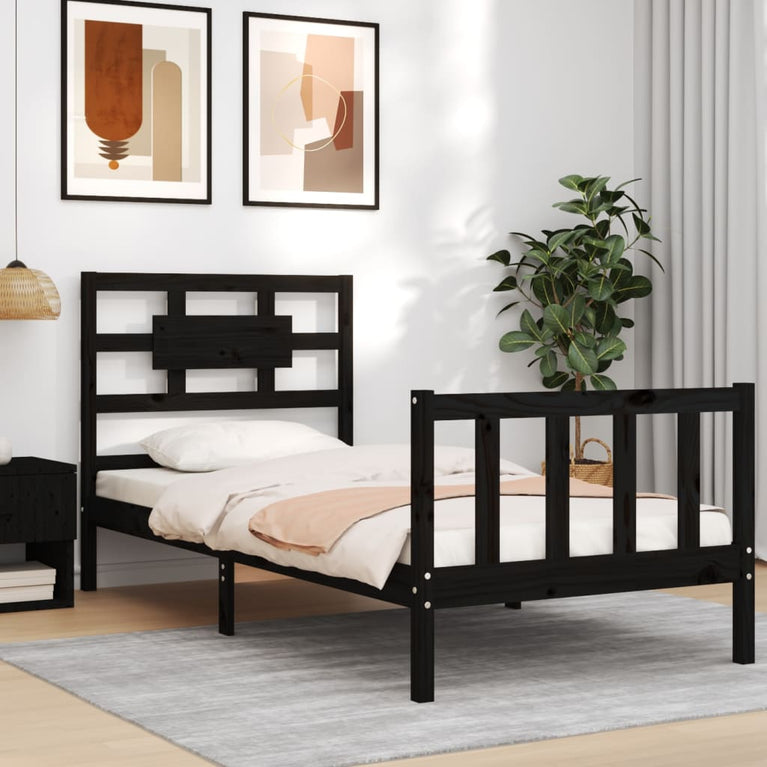 Bedframe met hoofdbord massief hout zwart 100x200 cm