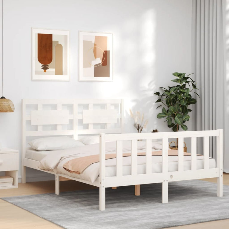 Bedframe met hoofdbord massief hout wit 140x200 cm